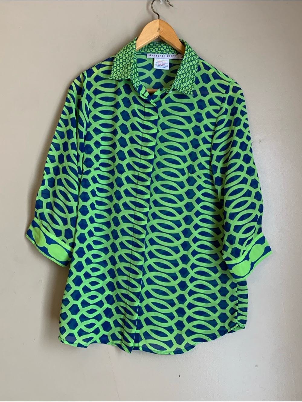 Gretchen Scott Geometric Blouse SHEER 3/4 Sleeves Blue Green Size Large